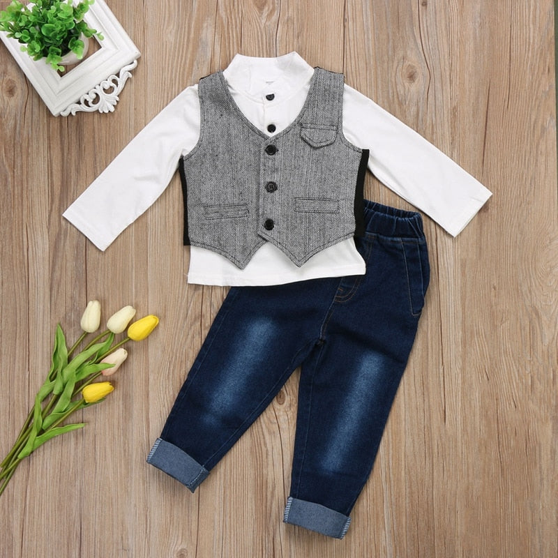 Fashion Baby Boys Tuxedo Party Clothes Sets Handsome Formal Suit Waistcoat Denim Pants Outfits Set - ebowsos