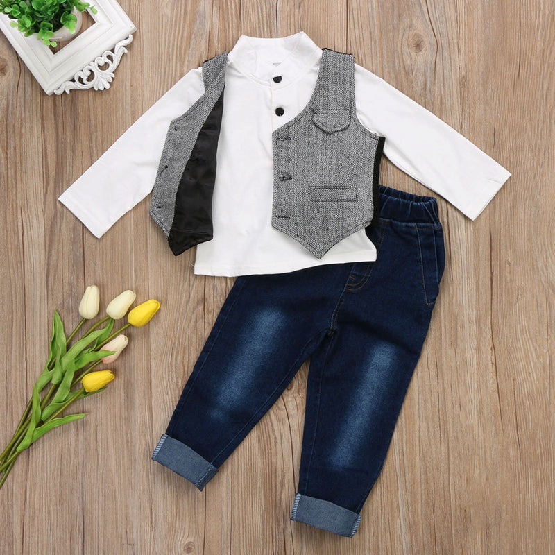 Fashion Baby Boys Tuxedo Party Clothes Sets Handsome Formal Suit Waistcoat Denim Pants Outfits Set - ebowsos