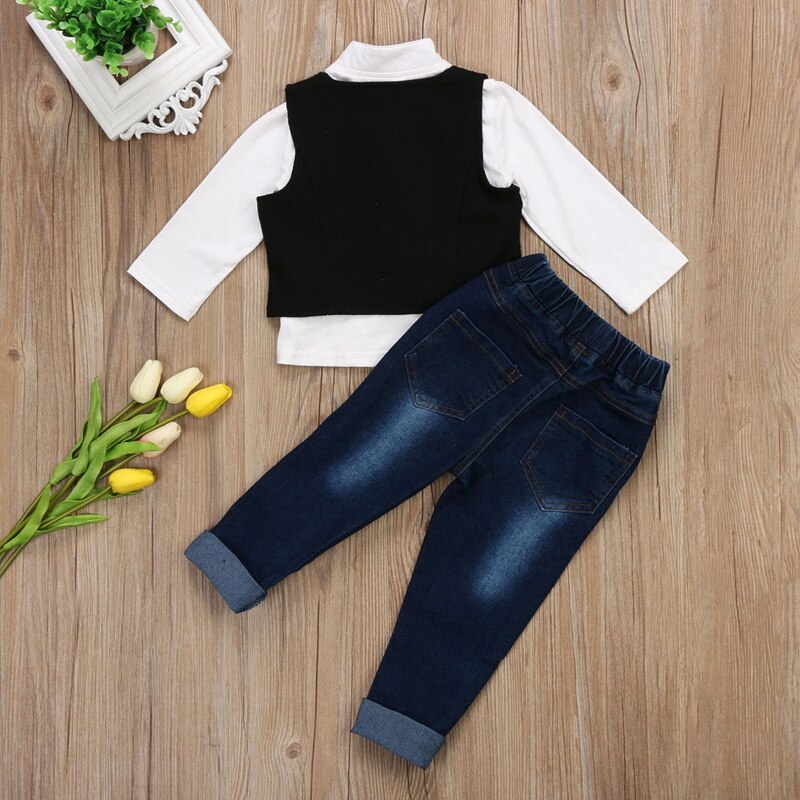 Fashion Baby Boys Tuxedo Party Clothes Sets Handsome Formal Suit Waistcoat Denim Pants Outfits Set - ebowsos