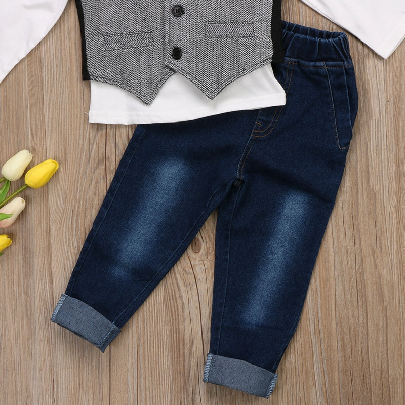 Fashion Baby Boys Tuxedo Party Clothes Sets Handsome Formal Suit Waistcoat Denim Pants Outfits Set - ebowsos