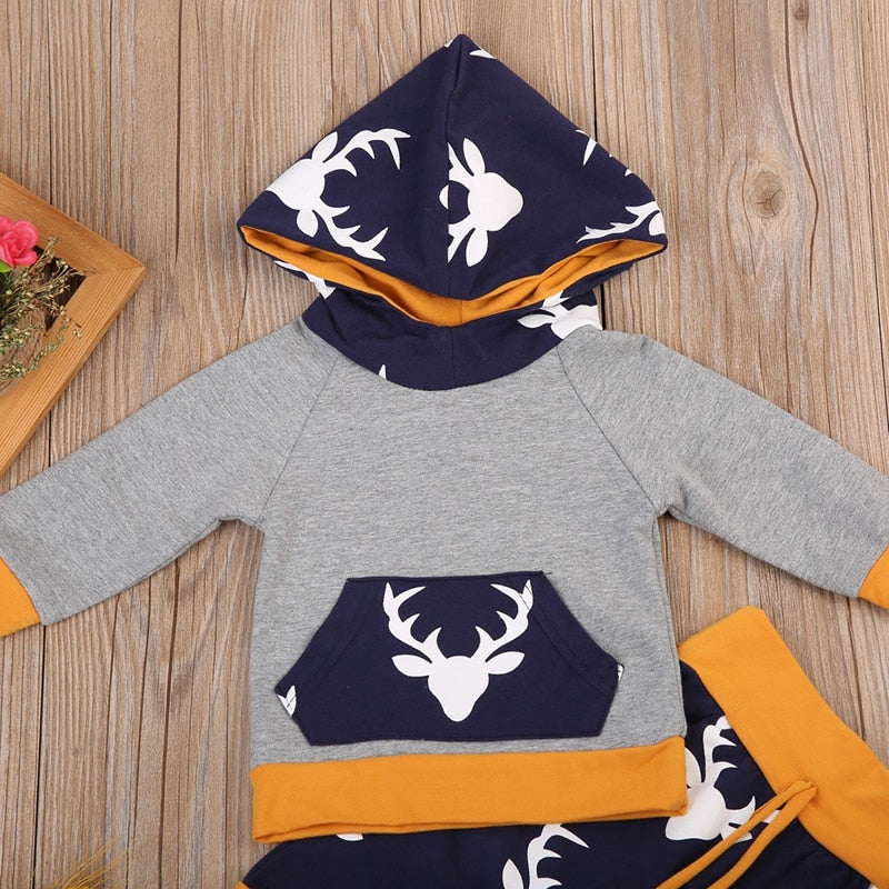 Fashion Baby Clothes Sets Deer Cartoon Newborn Baby Girls Deer Hooded Top Sweatshirt Pants Legging Outfits Clothes - ebowsos