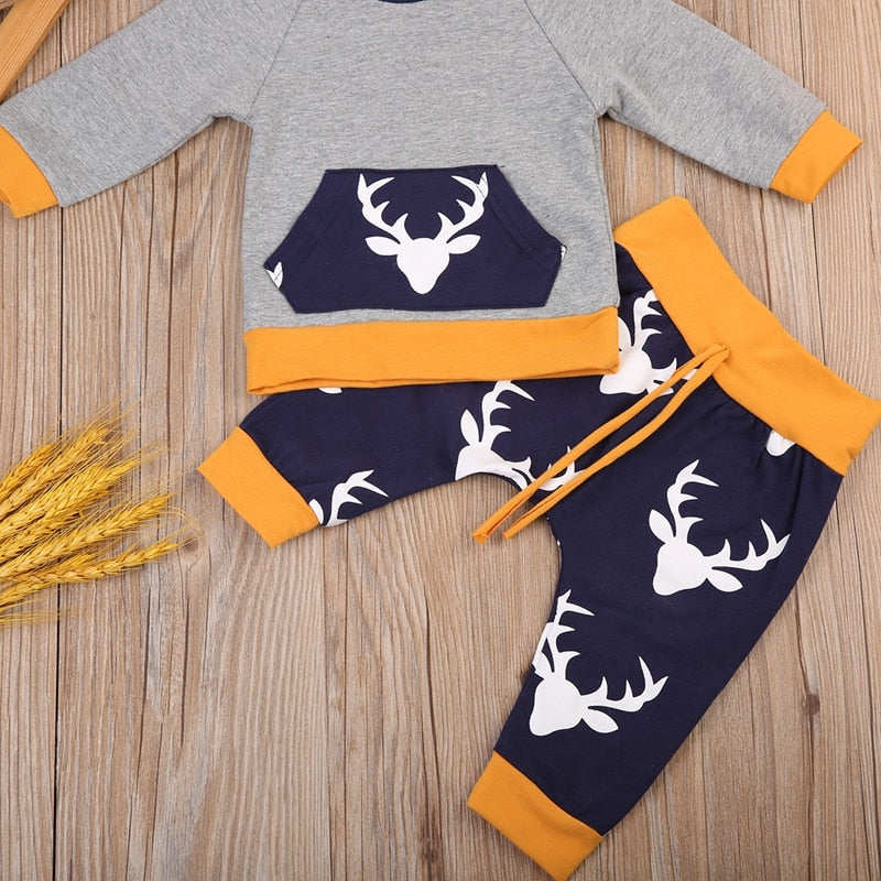 Fashion Baby Clothes Sets Deer Cartoon Newborn Baby Girls Deer Hooded Top Sweatshirt Pants Legging Outfits Clothes - ebowsos