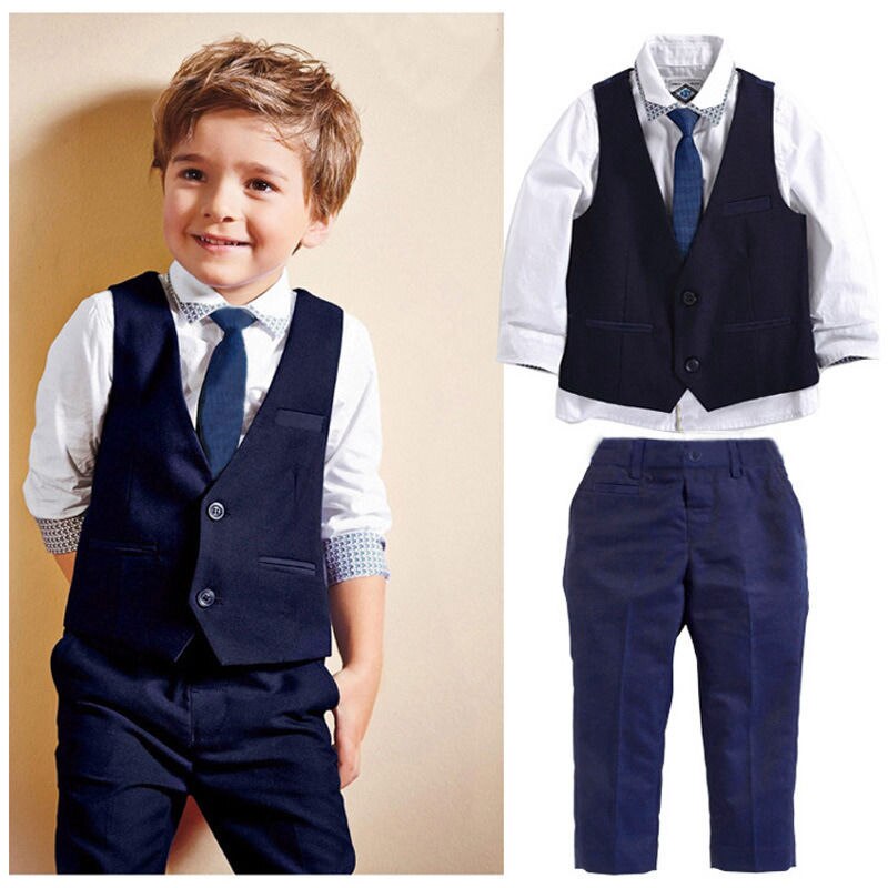 Fashion Baby Fashion Baby Baby Kids Boys Clothes Suit Tops Shirt Waistcoat Tie Pants Outfits set 1~7Y - ebowsos