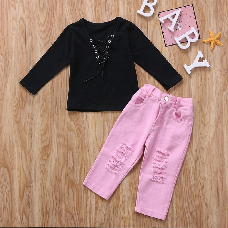 Fashion Baby Girl Clothes Sets Bandage Tops T-Shirt Children Broken Hole Pants Ripped Jeans Pants 2pcs Clothes Outfit Set - ebowsos