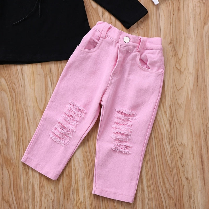 Fashion Baby Girl Clothes Sets Bandage Tops T-Shirt Children Broken Hole Pants Ripped Jeans Pants 2pcs Clothes Outfit Set - ebowsos