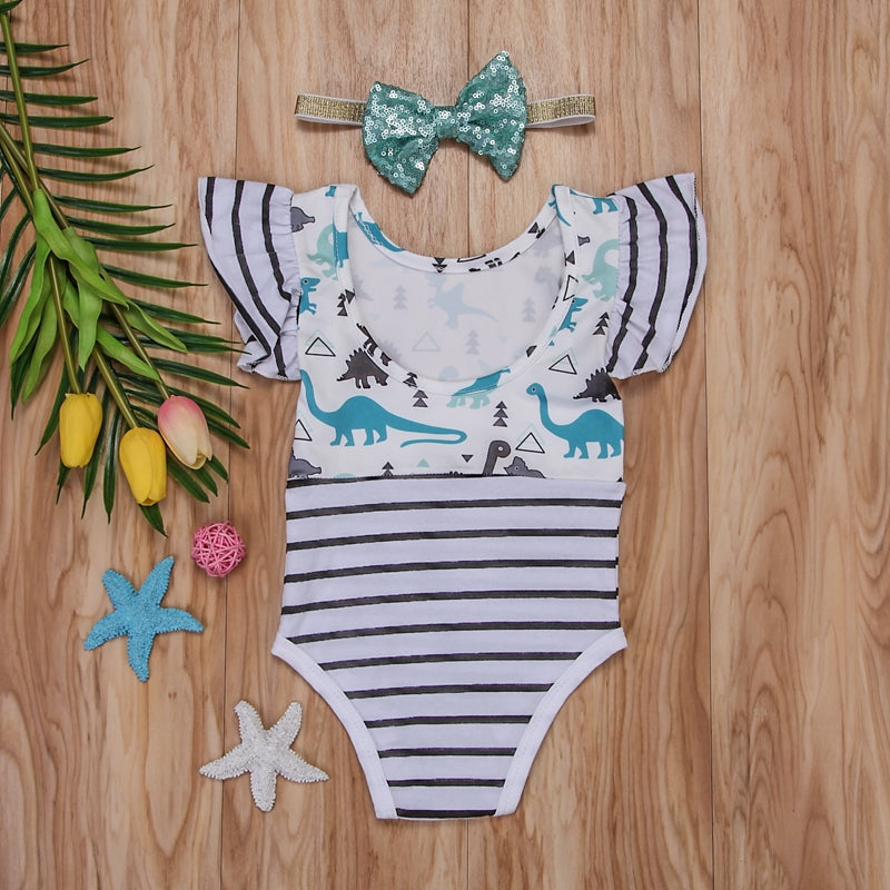 Fashion Baby Girl White Dinosaur Striped Romper Jumpsuit Outfits Summer 0-18M Children Clothing - ebowsos