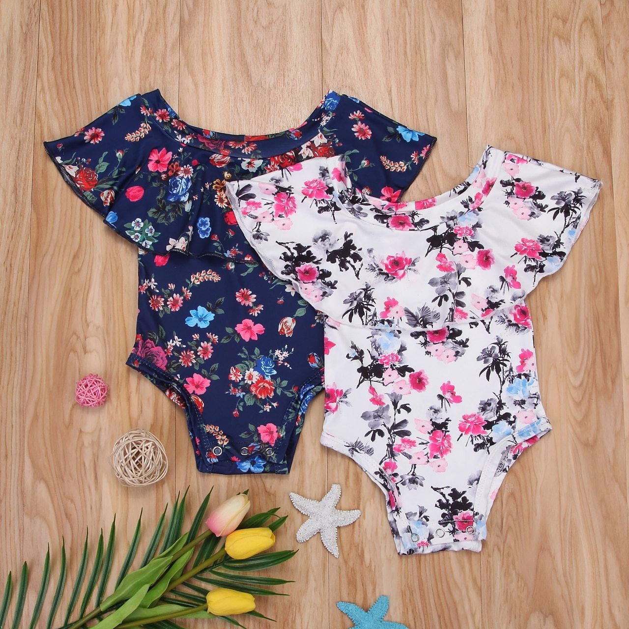 Fashion Baby Pirncess Floral Off Should Bodysuit Jumpsuit Baby Girls Outfit Clothes Set Summer Children Clothing - ebowsos