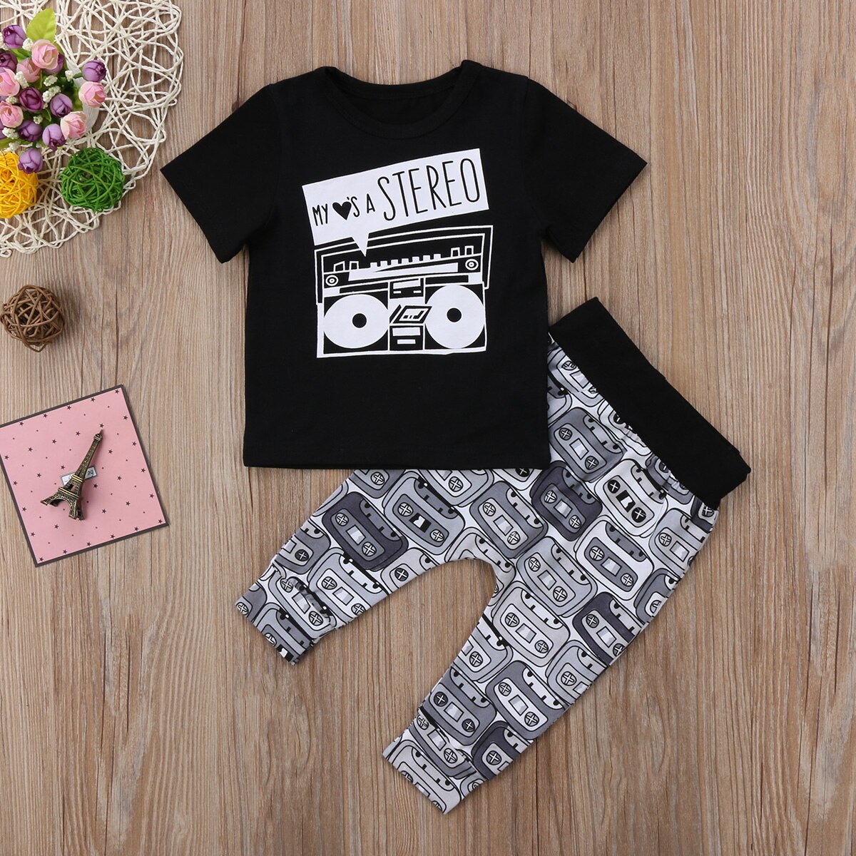 Fashion Cartoon Radio Newborn Toddler Kids Boy Girl Baby Short Sleeve Cotton Clothes Outfit T-shirt Top + Long Pants Set Summer - ebowsos