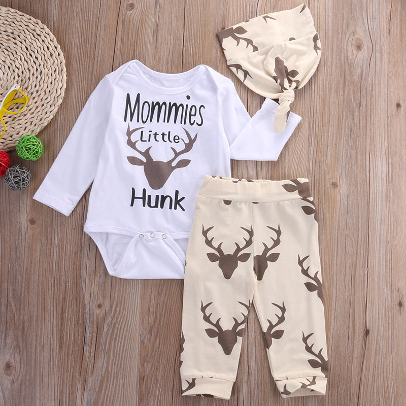 Fashion Children Clothing Cartoon Deer Baby Boy Girl Long Sleeve Romper+ Pants Hat 3PCS Outfits Set Clothes - ebowsos