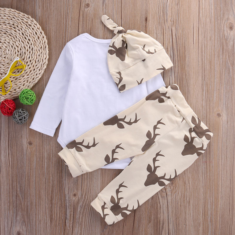 Fashion Children Clothing Cartoon Deer Baby Boy Girl Long Sleeve Romper+ Pants Hat 3PCS Outfits Set Clothes - ebowsos