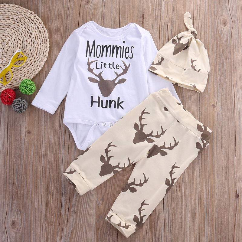 Fashion Children Clothing Cartoon Deer Baby Boy Girl Long Sleeve Romper+ Pants Hat 3PCS Outfits Set Clothes - ebowsos