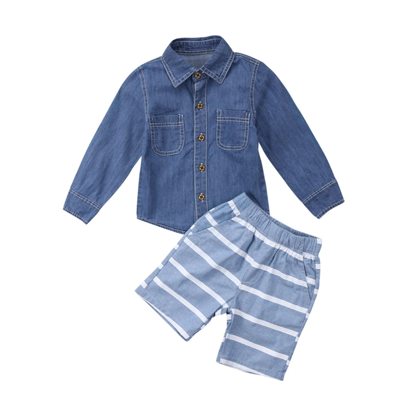 Fashion Children Clothing Set Baby Boys Denim Tops T-shirt Striped Cotton Short Pants Shorts Boys Outfts Clothes - ebowsos