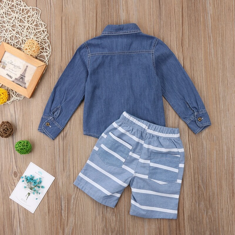 Fashion Children Clothing Set Baby Boys Denim Tops T-shirt Striped Cotton Short Pants Shorts Boys Outfts Clothes - ebowsos