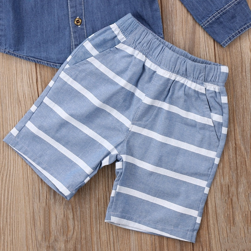 Fashion Children Clothing Set Baby Boys Denim Tops T-shirt Striped Cotton Short Pants Shorts Boys Outfts Clothes - ebowsos