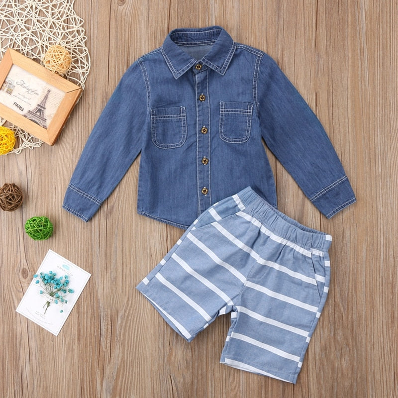 Fashion Children Clothing Set Baby Boys Denim Tops T-shirt Striped Cotton Short Pants Shorts Boys Outfts Clothes - ebowsos