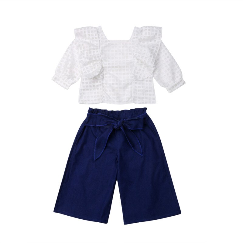 Fashion Children Girls Ruffles Long Sleeve Lace Plaid White T-shirt Tops Wide Leg Pant Trouser 2PCS Outfits Kids Clothing Set - ebowsos