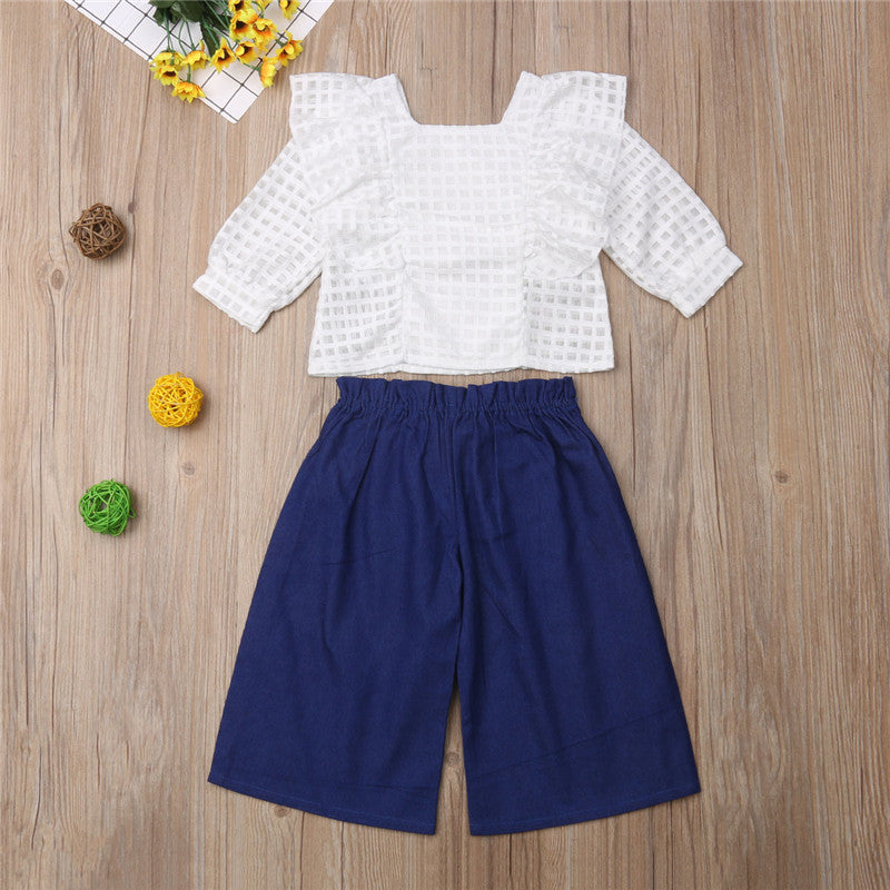 Fashion Children Girls Ruffles Long Sleeve Lace Plaid White T-shirt Tops Wide Leg Pant Trouser 2PCS Outfits Kids Clothing Set - ebowsos