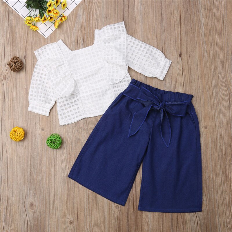 Fashion Children Girls Ruffles Long Sleeve Lace Plaid White T-shirt Tops Wide Leg Pant Trouser 2PCS Outfits Kids Clothing Set - ebowsos