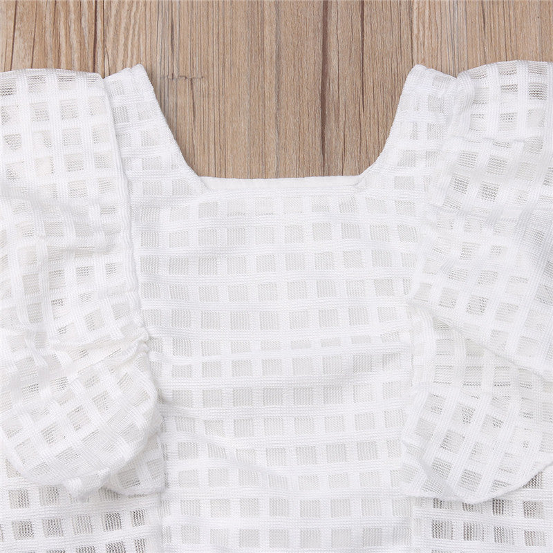 Fashion Children Girls Ruffles Long Sleeve Lace Plaid White T-shirt Tops Wide Leg Pant Trouser 2PCS Outfits Kids Clothing Set - ebowsos