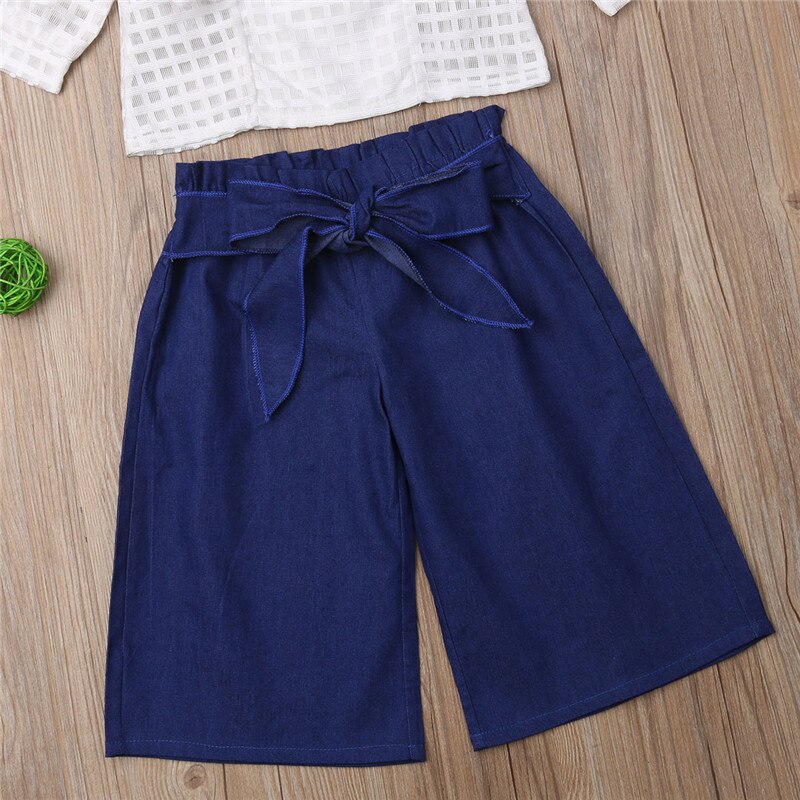 Fashion Children Girls Ruffles Long Sleeve Lace Plaid White T-shirt Tops Wide Leg Pant Trouser 2PCS Outfits Kids Clothing Set - ebowsos