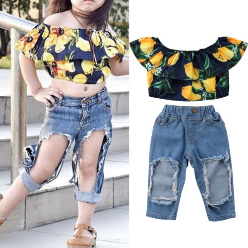 Fashion Children Kids Baby Girls Lemon Off-shoulder Top shirts+Holes Denim Pant Outfit Set 2PCS Clothes - ebowsos