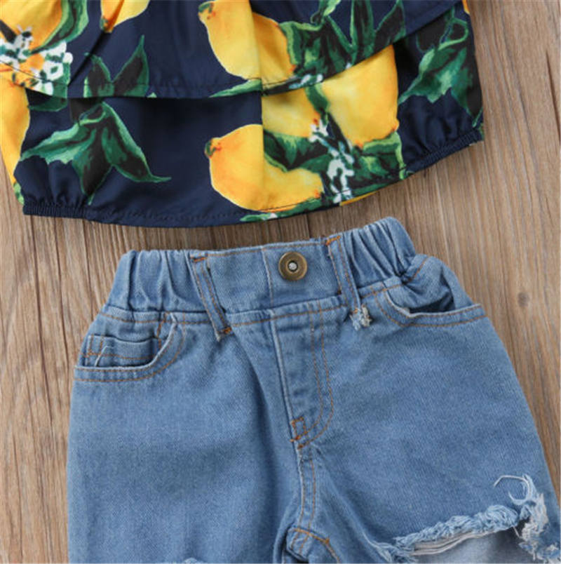 Fashion Children Kids Baby Girls Lemon Off-shoulder Top shirts+Holes Denim Pant Outfit Set 2PCS Clothes - ebowsos