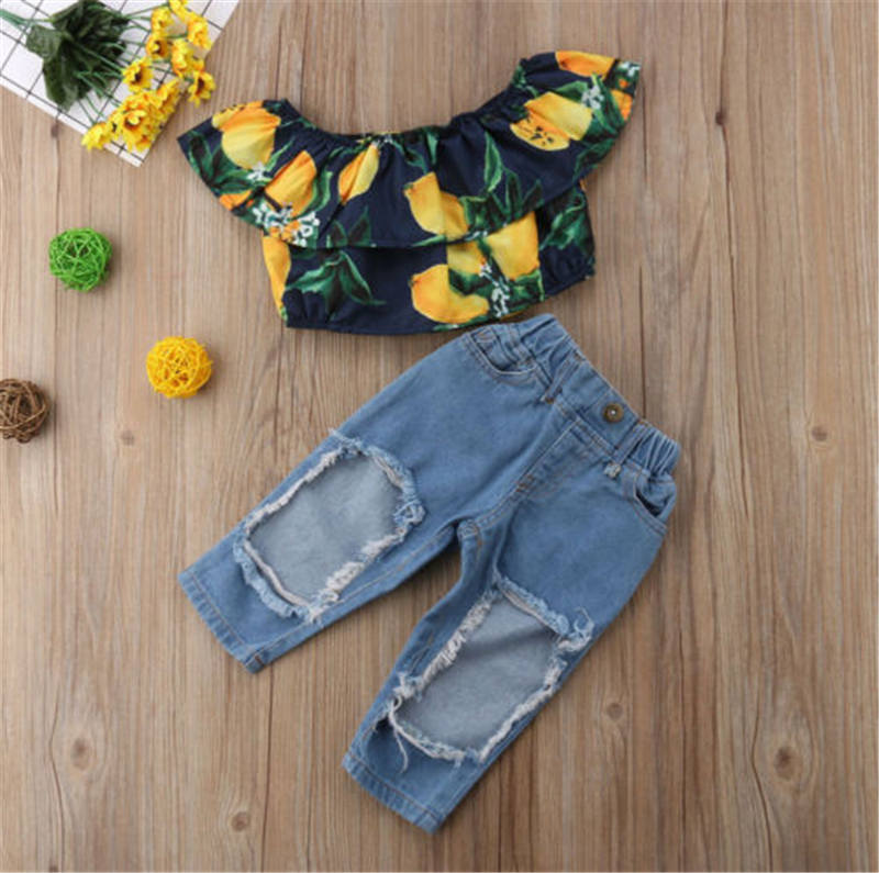 Fashion Children Kids Baby Girls Lemon Off-shoulder Top shirts+Holes Denim Pant Outfit Set 2PCS Clothes - ebowsos