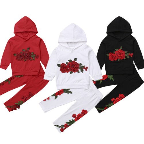 Fashion Embroidery Toddler Baby Girls Flower Hoodies Top Pants Outfits Clothes Tracksuit - ebowsos