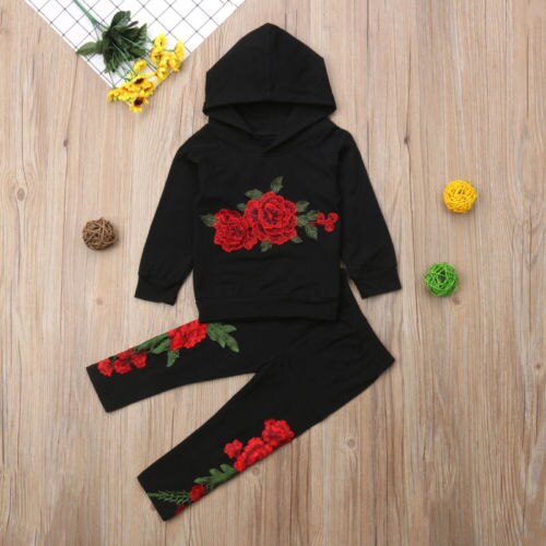 Fashion Embroidery Toddler Baby Girls Flower Hoodies Top Pants Outfits Clothes Tracksuit - ebowsos