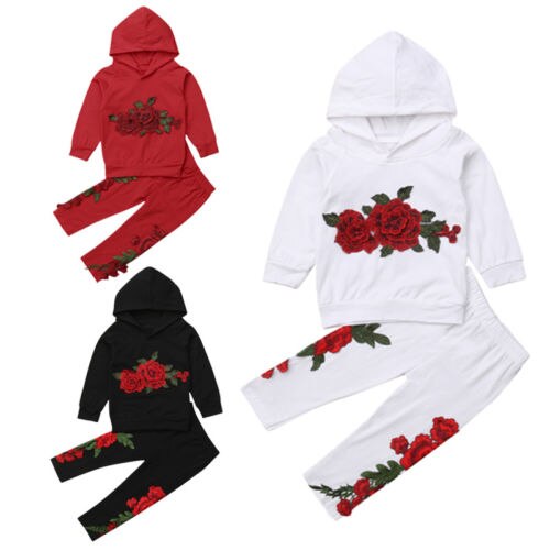 Fashion Embroidery Toddler Baby Girls Flower Hoodies Top Pants Outfits Clothes Tracksuit - ebowsos