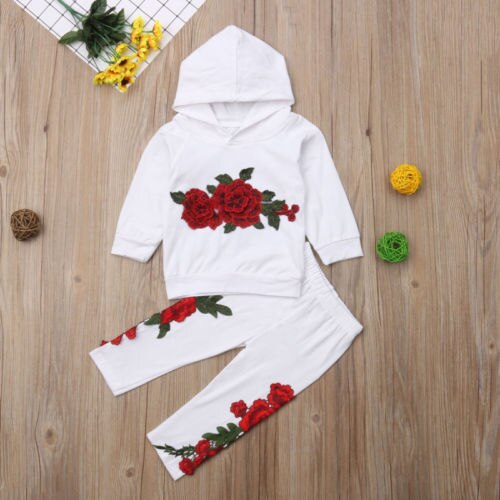 Fashion Embroidery Toddler Baby Girls Flower Hoodies Top Pants Outfits Clothes Tracksuit - ebowsos