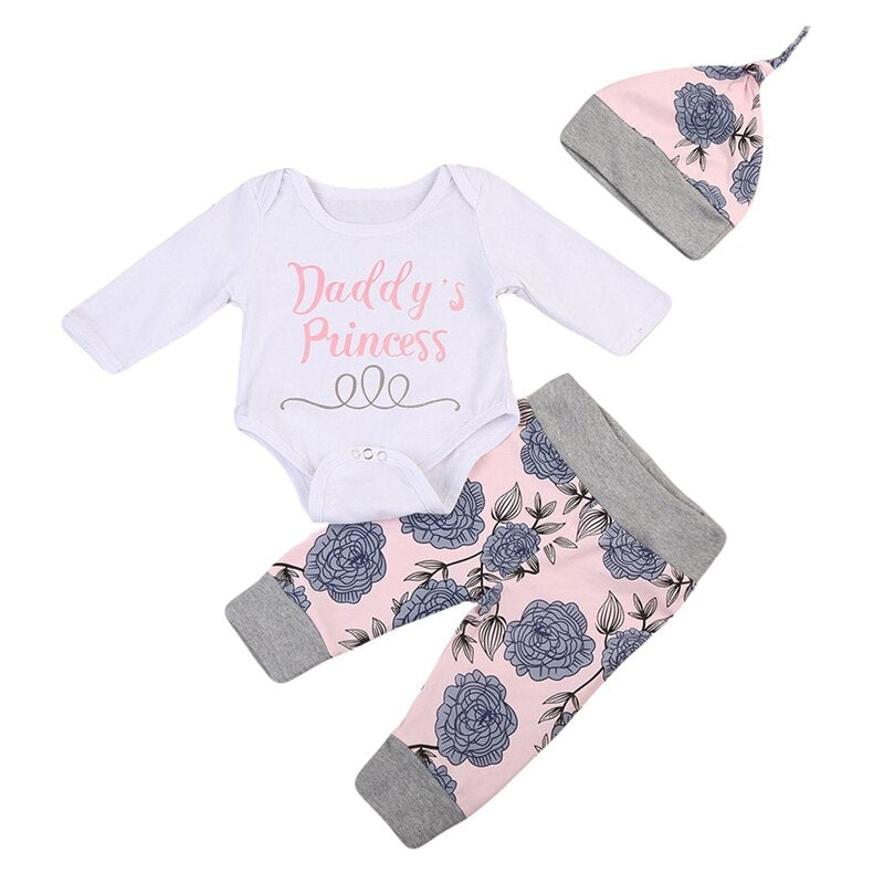 Fashion Floral Girls Suit Newborn Baby Girl Letter Tops Romper +Long Pants Hat Outfits Clothes 0-24M - ebowsos