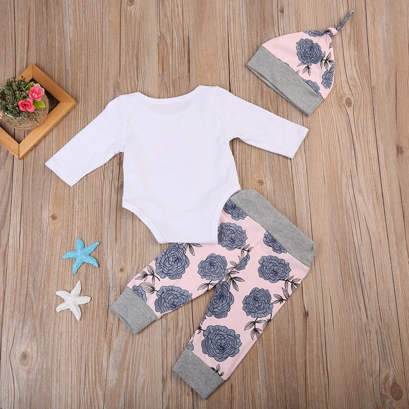 Fashion Floral Girls Suit Newborn Baby Girl Letter Tops Romper +Long Pants Hat Outfits Clothes 0-24M - ebowsos