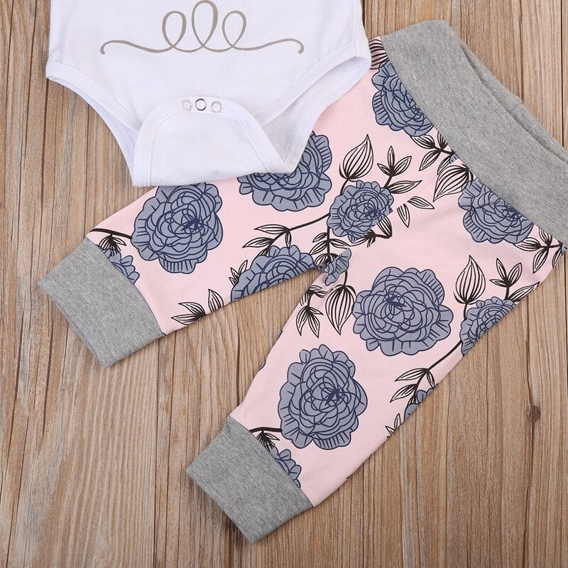 Fashion Floral Girls Suit Newborn Baby Girl Letter Tops Romper +Long Pants Hat Outfits Clothes 0-24M - ebowsos