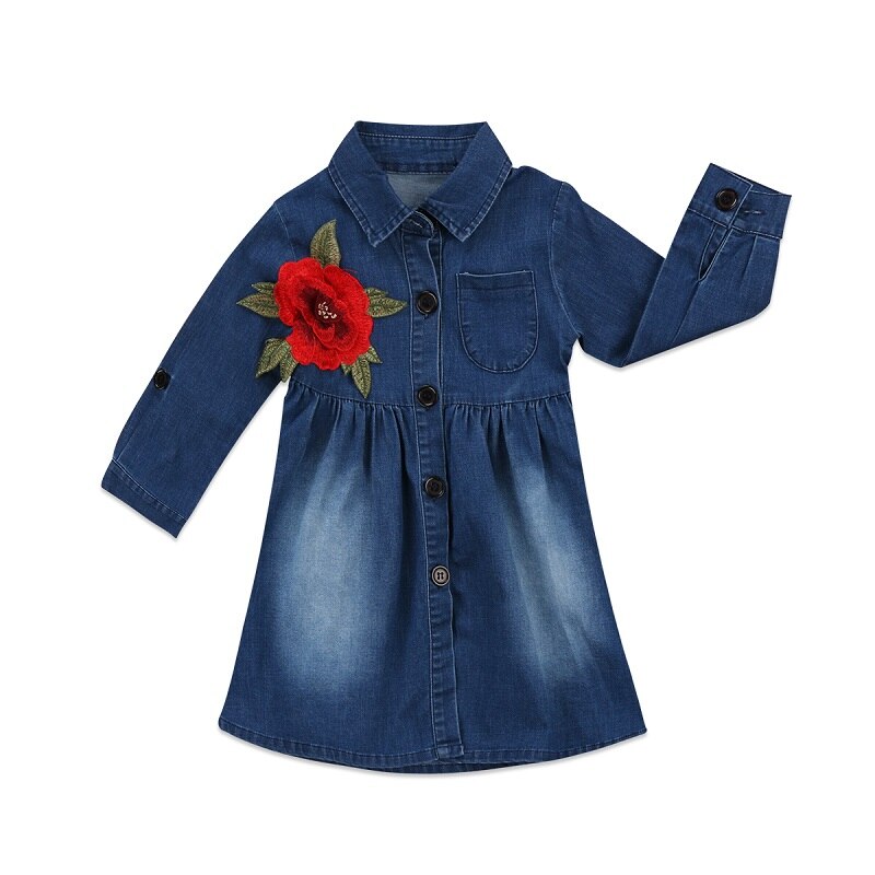 Fashion Floral Kids Dresses For Girls Spring Toddler Baby Kids Girls Princess Denim Long Sleeve Party Dresses Clothes - ebowsos