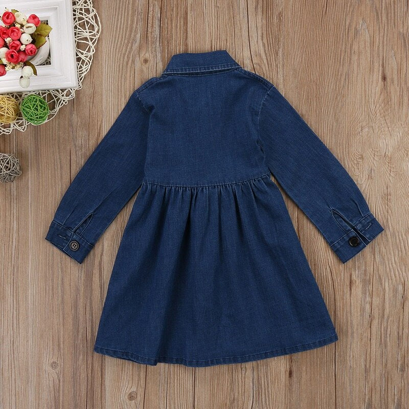 Fashion Floral Kids Dresses For Girls Spring Toddler Baby Kids Girls Princess Denim Long Sleeve Party Dresses Clothes - ebowsos