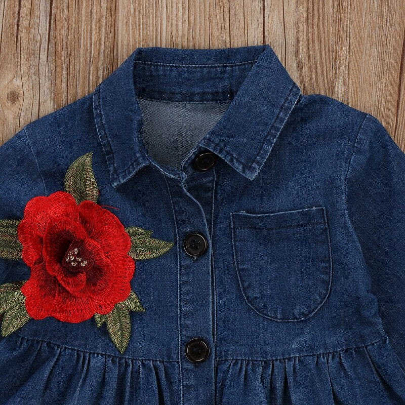 Fashion Floral Kids Dresses For Girls Spring Toddler Baby Kids Girls Princess Denim Long Sleeve Party Dresses Clothes - ebowsos