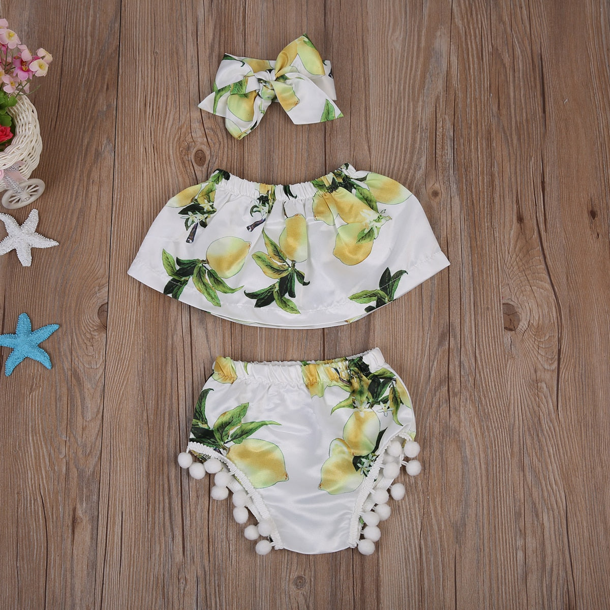 Fashion Infant Baby Girl Lemon Green Tops+Briefs Shorts+Headband 3pcs Outfit Set - ebowsos