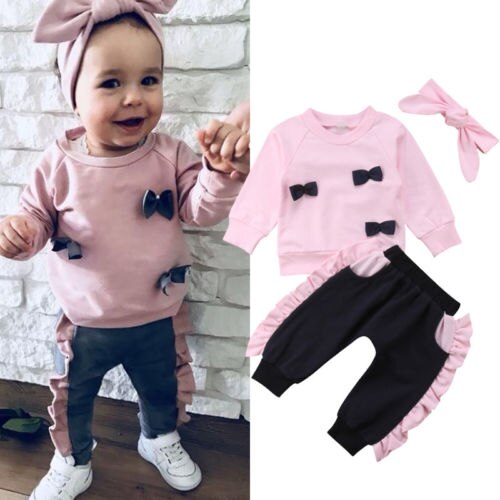 Fashion Kids Baby Girl Pink Bow Tops Sweatshirt Ruffle Pants 3Pcs Outfit Clothes - ebowsos