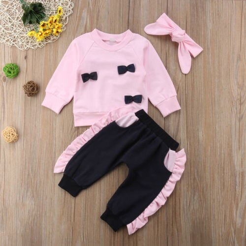 Fashion Kids Baby Girl Pink Bow Tops Sweatshirt Ruffle Pants 3Pcs Outfit Clothes - ebowsos