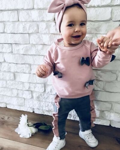 Fashion Kids Baby Girl Pink Bow Tops Sweatshirt Ruffle Pants 3Pcs Outfit Clothes - ebowsos