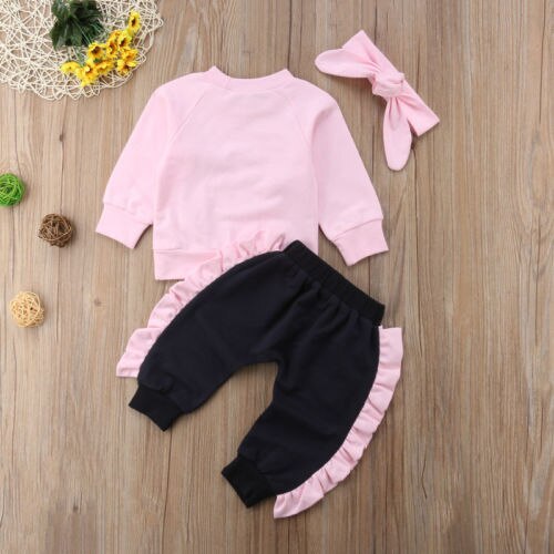 Fashion Kids Baby Girl Pink Bow Tops Sweatshirt Ruffle Pants 3Pcs Outfit Clothes - ebowsos