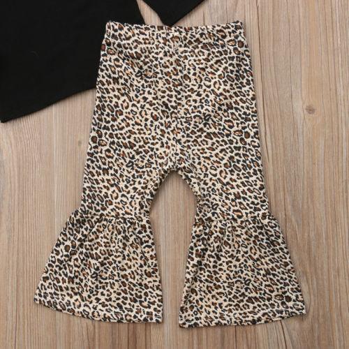 Fashion Kids Baby Girl Tops Black Long Sleeve T-Shirt Leopard Flared Pants Outfits Clothes - ebowsos