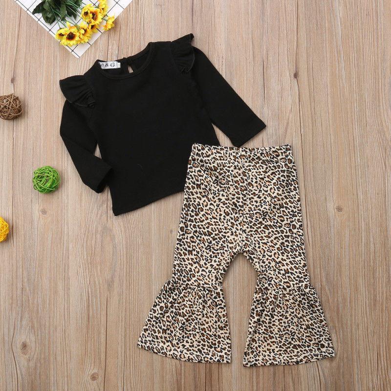 Fashion Kids Baby Girl Tops Black Long Sleeve T-Shirt Leopard Flared Pants Outfits Clothes - ebowsos