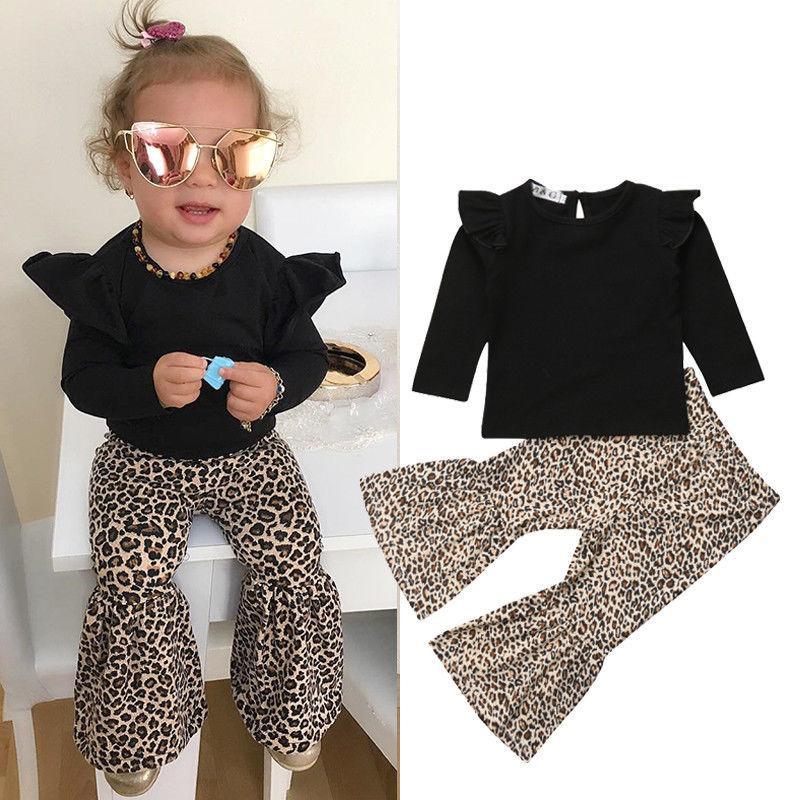 Fashion Kids Baby Girl Tops Black Long Sleeve T-Shirt Leopard Flared Pants Outfits Clothes - ebowsos