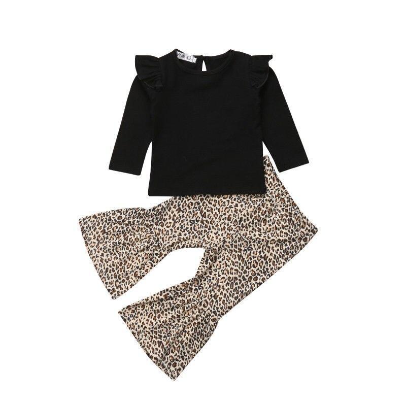 Fashion Kids Baby Girl Tops Black Long Sleeve T-Shirt Leopard Flared Pants Outfits Clothes - ebowsos