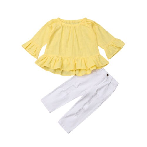 Fashion Kids Baby Girls Tops T-shirt+Hole Pants Leggings Outfit 2Pcs Set Clothes - ebowsos