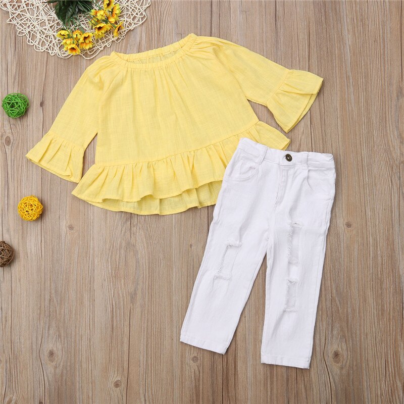 Fashion Kids Baby Girls Tops T-shirt+Hole Pants Leggings Outfit 2Pcs Set Clothes - ebowsos