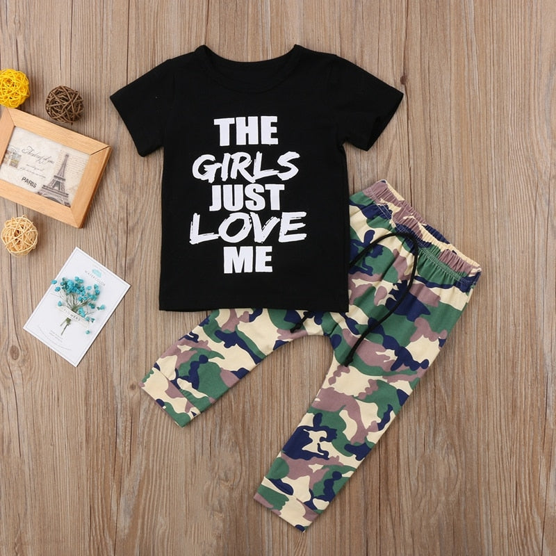 Fashion Letter Baby Boy Clothes Kids Boys Short Sleeve Tops T-shirt Camo Pants Outfits Set Clothes - ebowsos