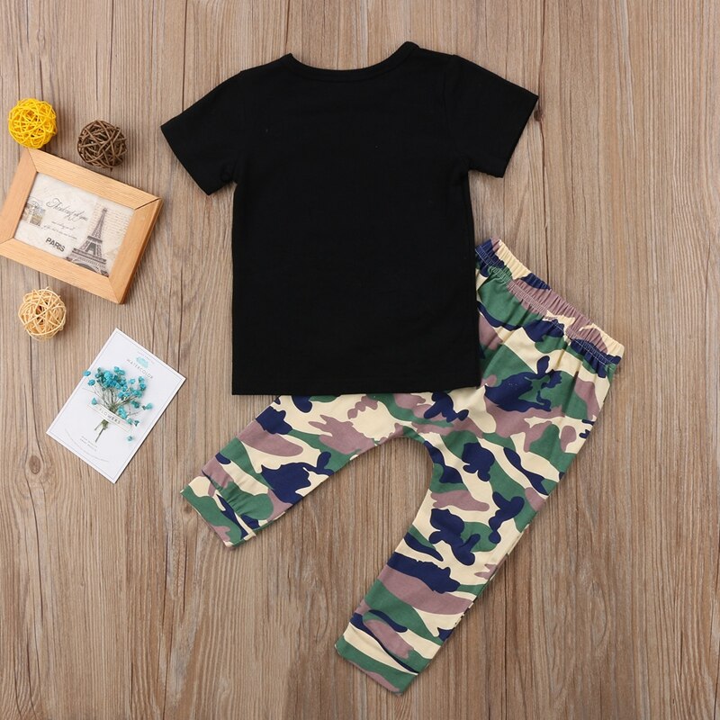 Fashion Letter Baby Boy Clothes Kids Boys Short Sleeve Tops T-shirt Camo Pants Outfits Set Clothes - ebowsos